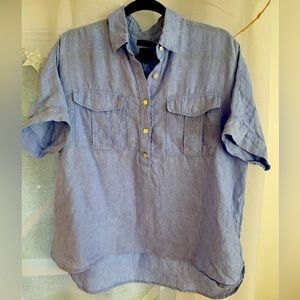 Baird McNutt for J Crew Irish Linen Popover Short Sleeve Blue Shirt Women 12